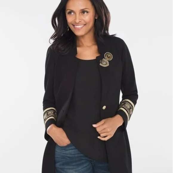 Chico's Black Blazer Jacket Size 8 Medium Gold Button Embroidered‎ Long - Picture 3 of 13